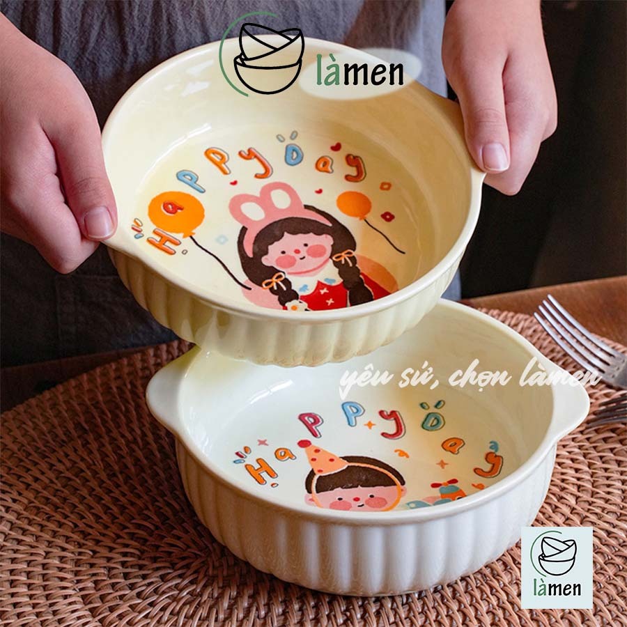 [ Bảo Hành Bể Vỡ ] Bát Tô Sứ Có Tay Cầm, Ăn Cơm, Ăn Mì, In Hình Dễ Thương SET007