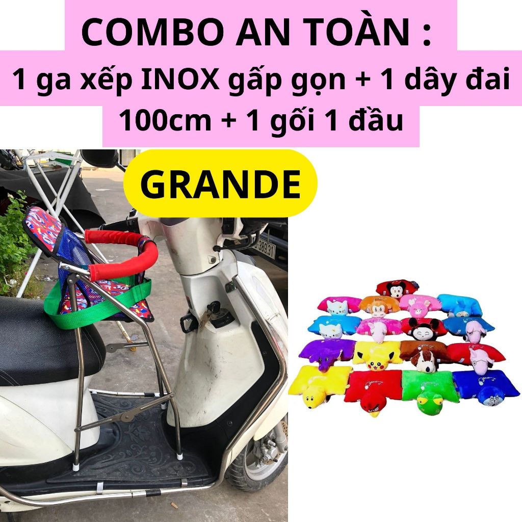 Combo An Toàn GHẾ INOX : 1 ghế ga INOX CAO CẤP xếp gọn + 1 dây đai 100cm + 1 gối 1 đầu đi xe máy cho bé