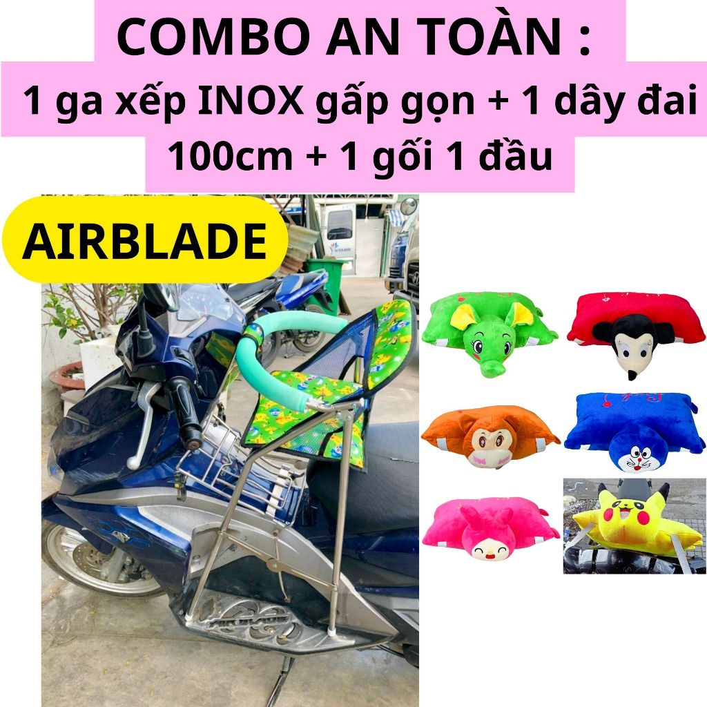 Combo An Toàn GHẾ INOX : 1 ghế ga INOX CAO CẤP xếp gọn + 1 dây đai 100cm + 1 gối 1 đầu đi xe máy cho bé