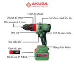 Máy Khoan Pin AKUZA K1 PRO Đầu Auto Lock 13mm - Khoan pin Không Chổi Than 2 pin 15 cell cao cấp bảo hành chính hãng — ảnh 5