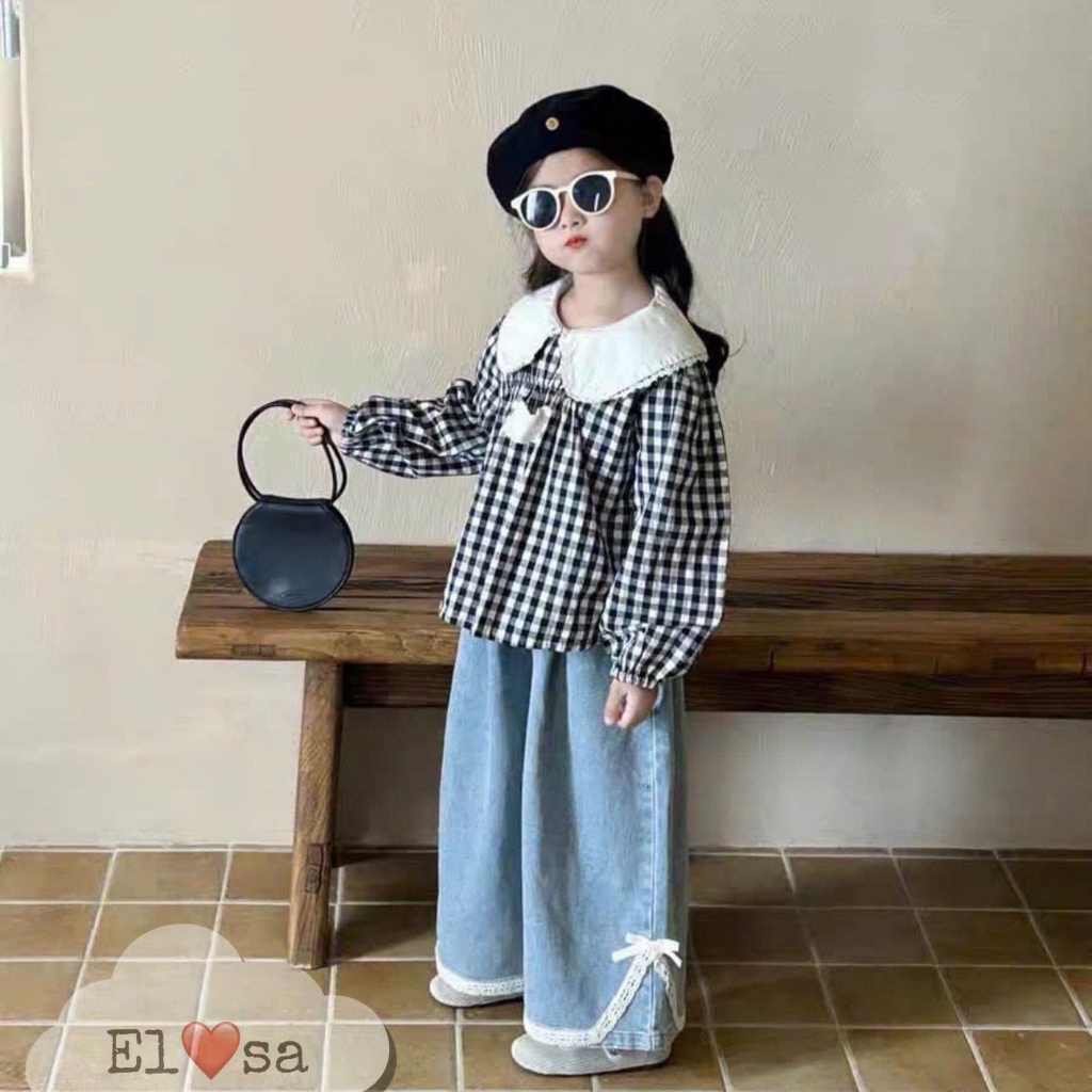 Quần áo bé gái- SET ÁO KẺ BABYDOLL DÀI TAY MIX QUẦN BÒ XUÔNG Siêu Xinh Cho Bé 1-8 Tuổi