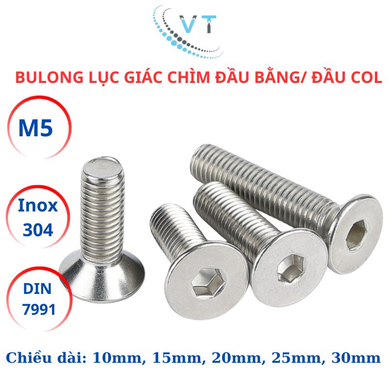 Bulong lục giác đầu bằng, lục giác đầu col Inox304 M5 (5li) dài từ 10mm - 30mm.