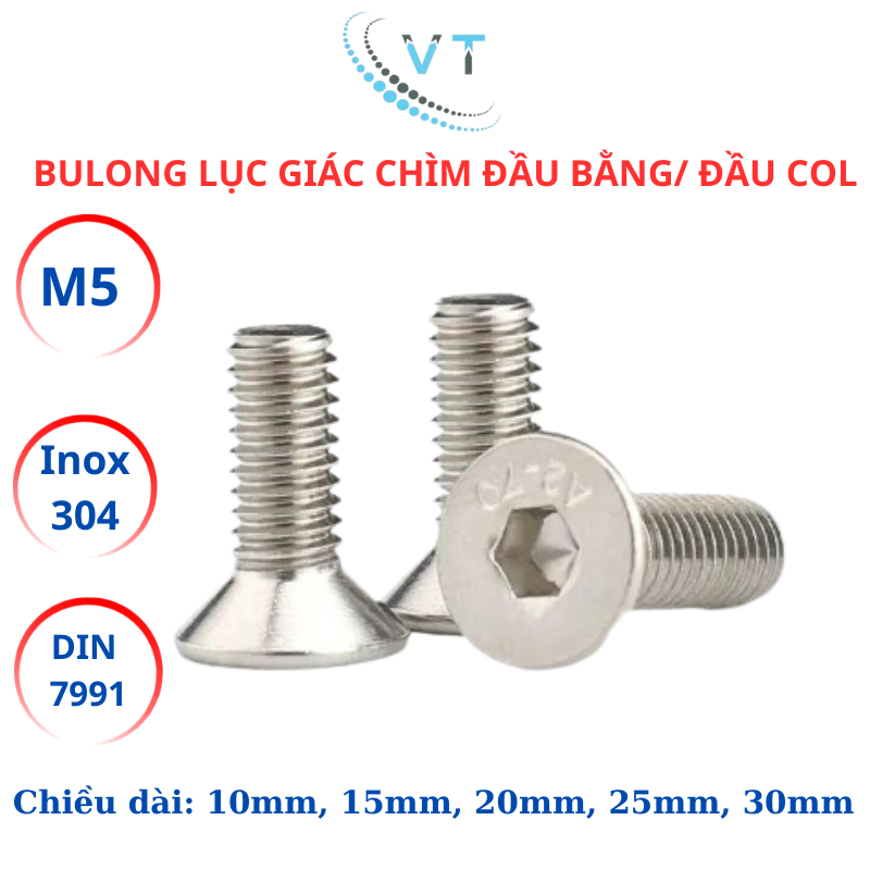 Bulong lục giác đầu bằng, lục giác đầu col Inox304 M5 (5li) dài từ 10mm - 30mm.