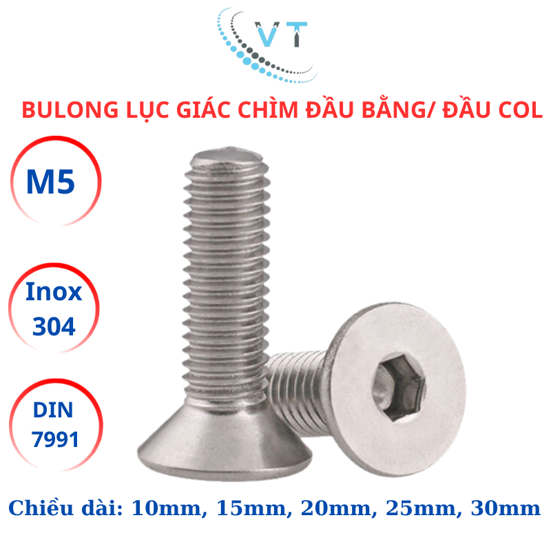 Bulong lục giác đầu bằng, lục giác đầu col Inox304 M5 (5li) dài từ 10mm - 30mm.