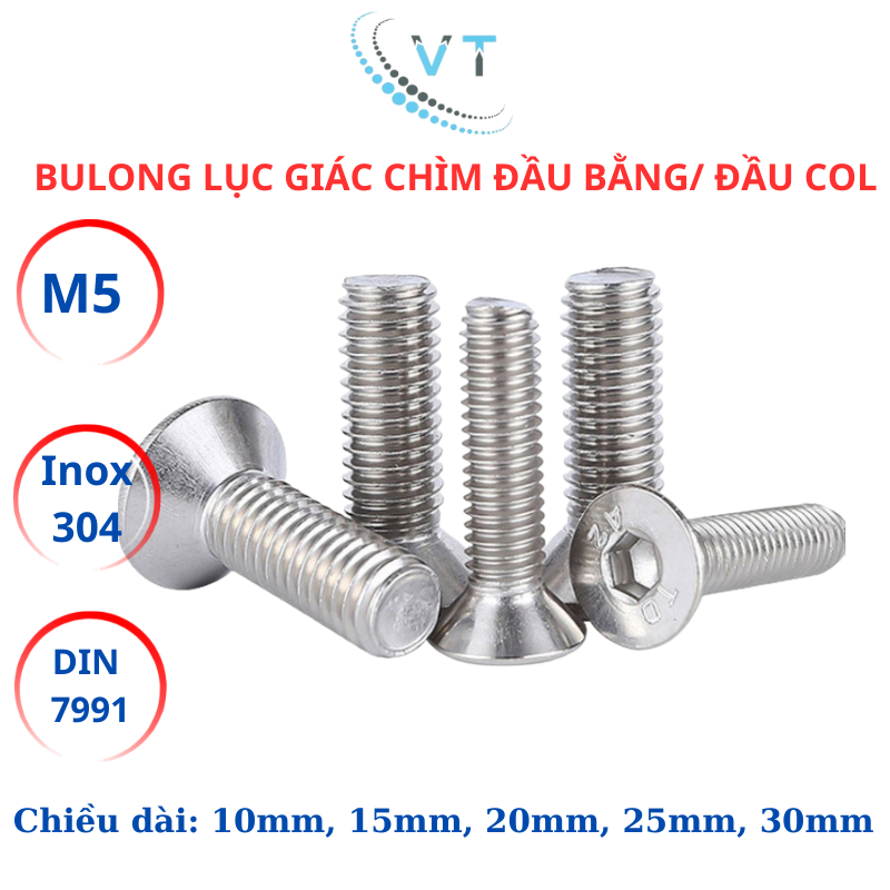 Bulong lục giác đầu bằng, lục giác đầu col Inox304 M5 (5li) dài từ 10mm - 30mm.