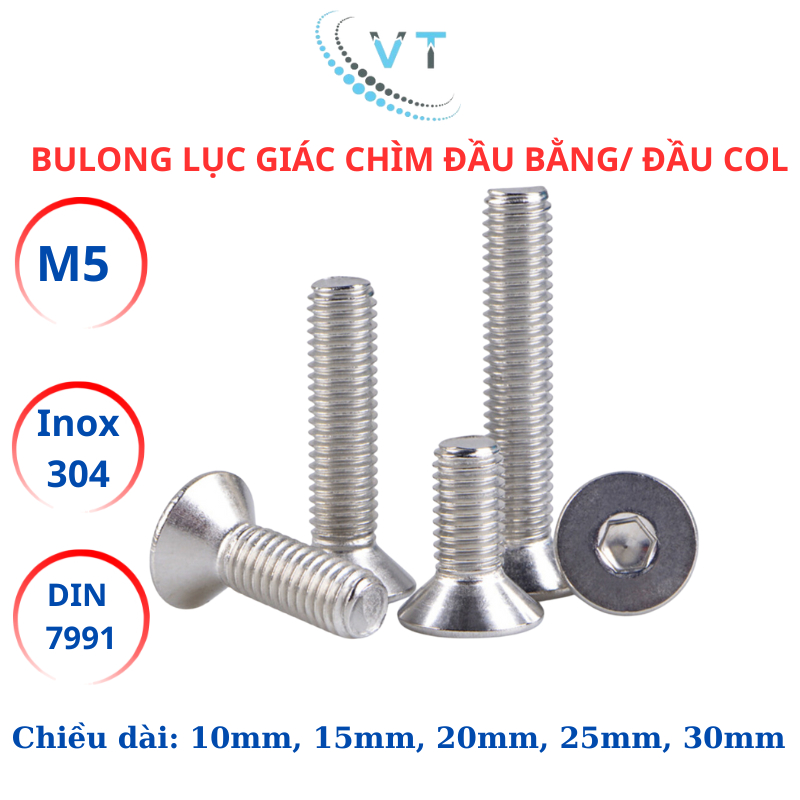 Bulong lục giác đầu bằng, lục giác đầu col Inox304 M5 (5li) dài từ 10mm - 30mm.