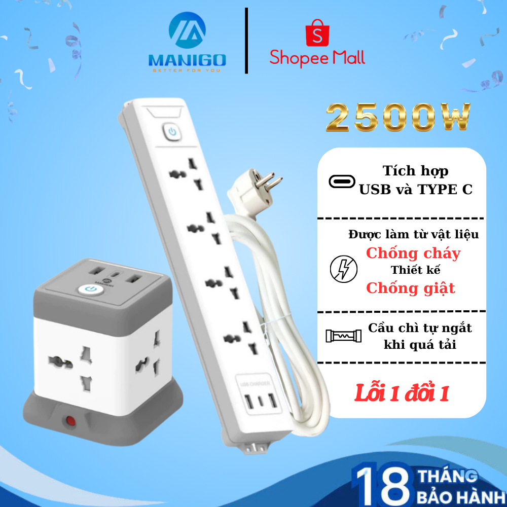 Ảnh Combo ổ cắm điện đa năng Manigo chiều dài 2,5M công suất 2500W Tích Hợp Sạc USB TypeC BH 18 Tháng 1