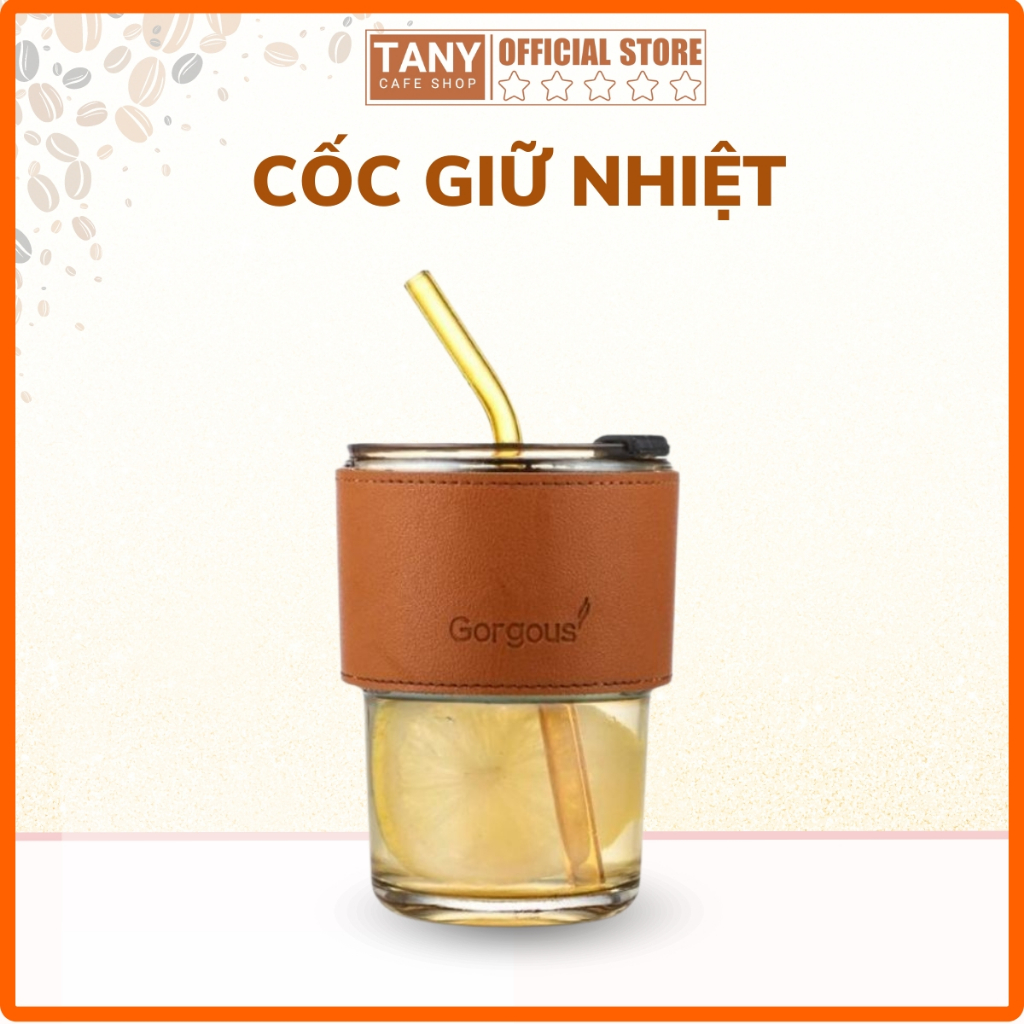 Cốc giữ nhiệt thủy tinh Gorgous 450ML kèm bao da chống nóng có ống hút sang chảnh uống sữa trà cafe