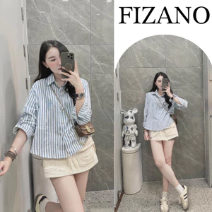 Áo sơ mi nữ dài tay kẻ xanh thêu logo Fizano, áo thun nữ thu đông chất thô mát HCOM3079