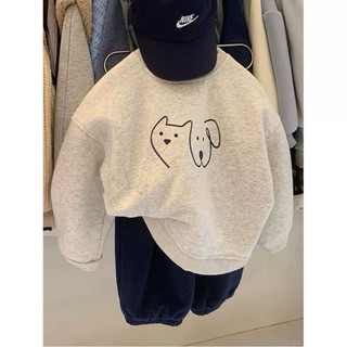 Áo nỉ bé Batala Kids, Áo Hoodie nỉ bông 2 màu BE XÁM in hình chú CÚN thu đông 2024