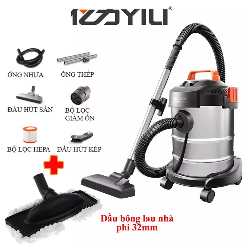 Máy hút bụi công nghiệp đa năng khô và ướt Yili YLW-6263A loại 12 lít công suất 1200W - thùng inox thêm đầu lau sàn nhà — ảnh 1