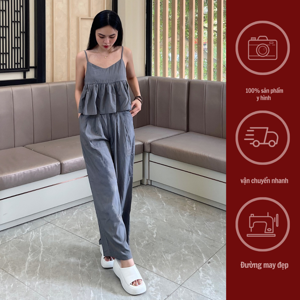 GINKO CLOTHING_Sui áo 2 dây phối quần xuông chất liệu đũi gió cao cấp_SETGC2308