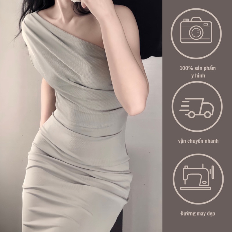 GINKO CLOTHING - Váy Nữ Thần ôm body lệch vai đuôi cá chất liệu thun tăm mịn cao cấp_VGC2322