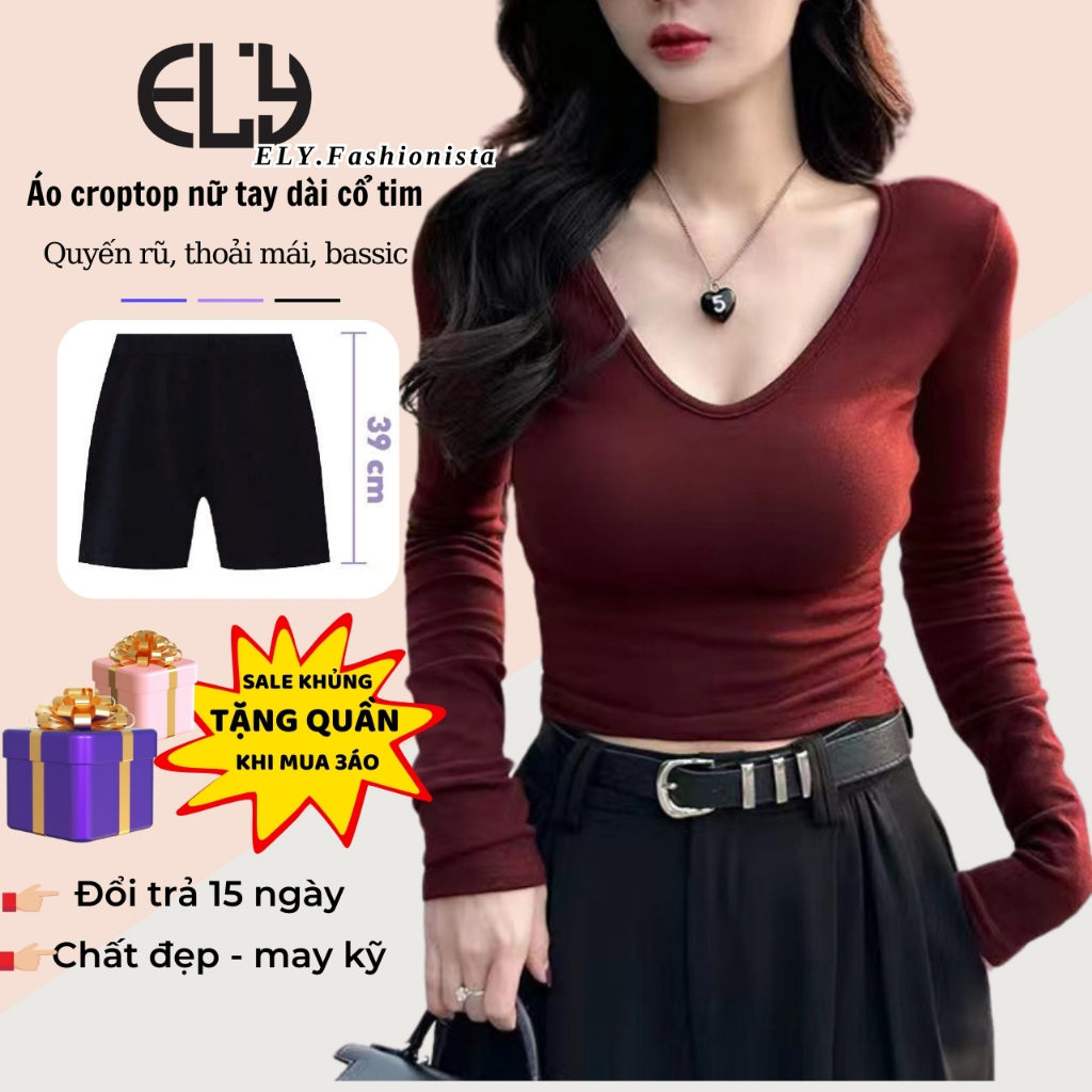 Áo croptop nữ tay dài cổ tim ELY chất cotton dẻo cao cấp áo thun nữ kiểu sexy ôm body đẹp ELY290