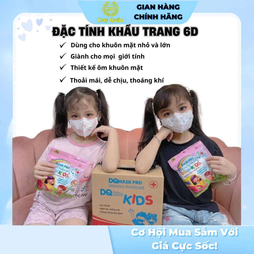 THÙNG 100 CHIẾC KHẨU TRANG 6D KIDS DUY QUÂN KHÁNG KHUẨN , CHỐNG BỤI MỊN