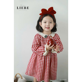 [B&G] Đầm kẻ caro đỏ  basic cổ sen thêu đáp pet, cổ tay bo chun viền trắng cho bé gái 2-11 tuổi