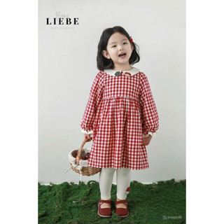 [B&G] Đầm kẻ caro đỏ  basic cổ sen thêu đáp pet, cổ tay bo chun viền trắng cho bé gái 2-11 tuổi