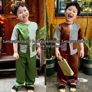 Bộ bà ba caro kèm khan cho bé mặc trong các dịp lệ hội, trung thu size từ 7 - 45kg