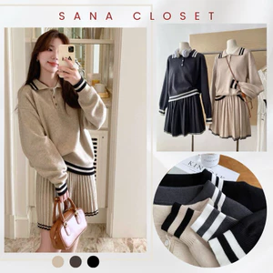 Set 2 Món Áo Len Sweater cổ Polo Và Chân Váy Len Xếp Ly Thu Đông - SANA CLOSET