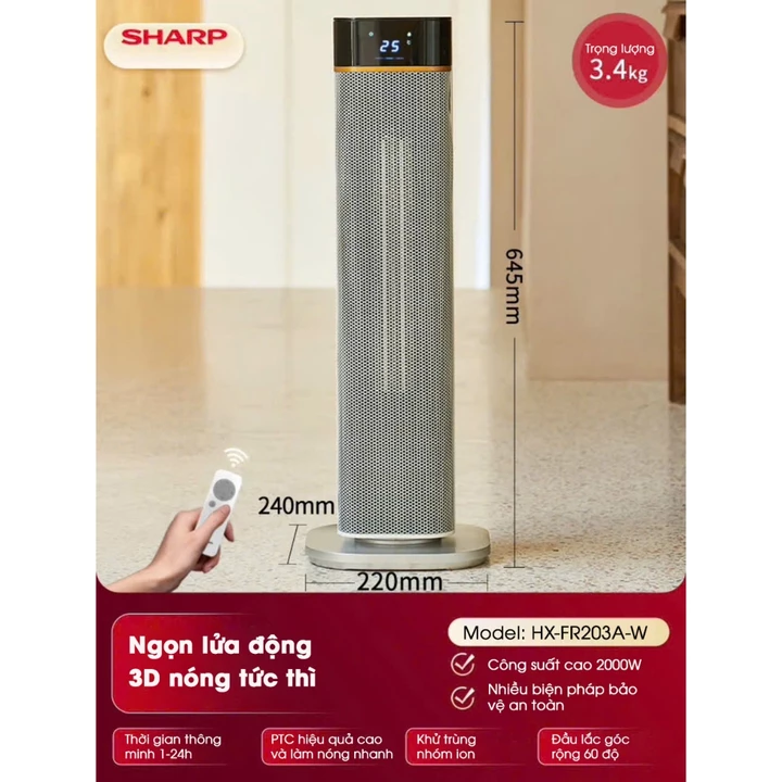 Quạt sưởi gốm 2 chiều Sharp HX-FR203A-W, Quạt sưởi gốm 3D Sharp, Quạt sưởi tuần hoàn đối lưu khử trùng diệt khuẩn Sharp