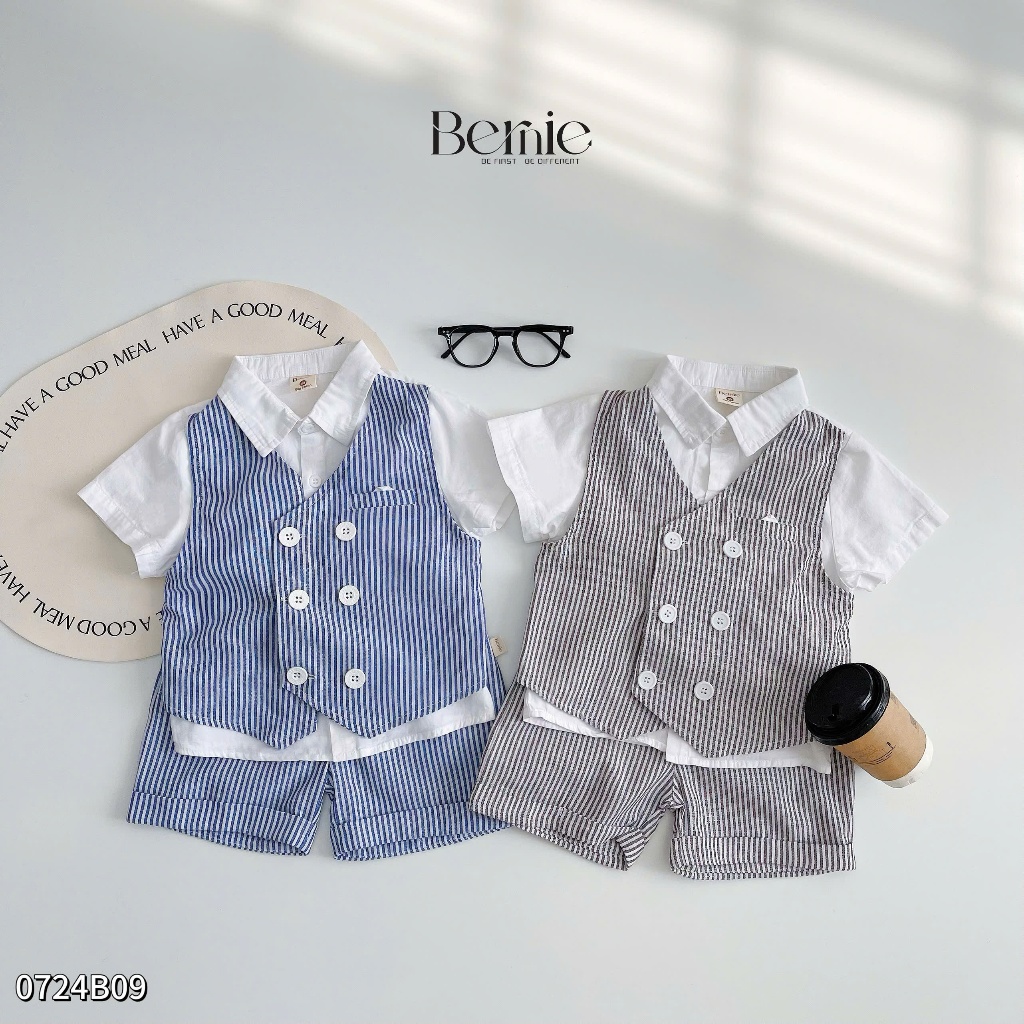 Set sơ mi phối gile kẻ cơi túi công tử, bộ công tủ bé trai phối gile liền sơ mi phong cách Hàn Quốc