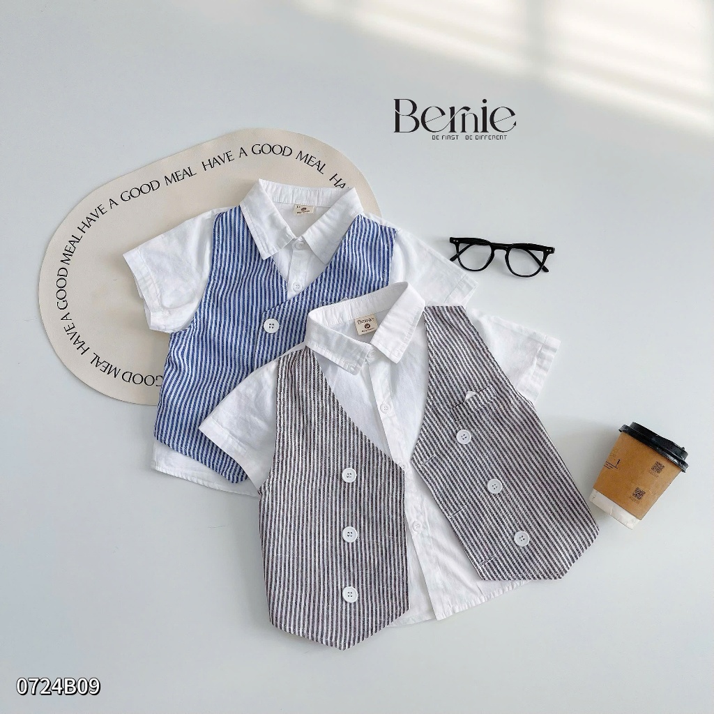 Set sơ mi phối gile kẻ cơi túi công tử, bộ công tủ bé trai phối gile liền sơ mi phong cách Hàn Quốc