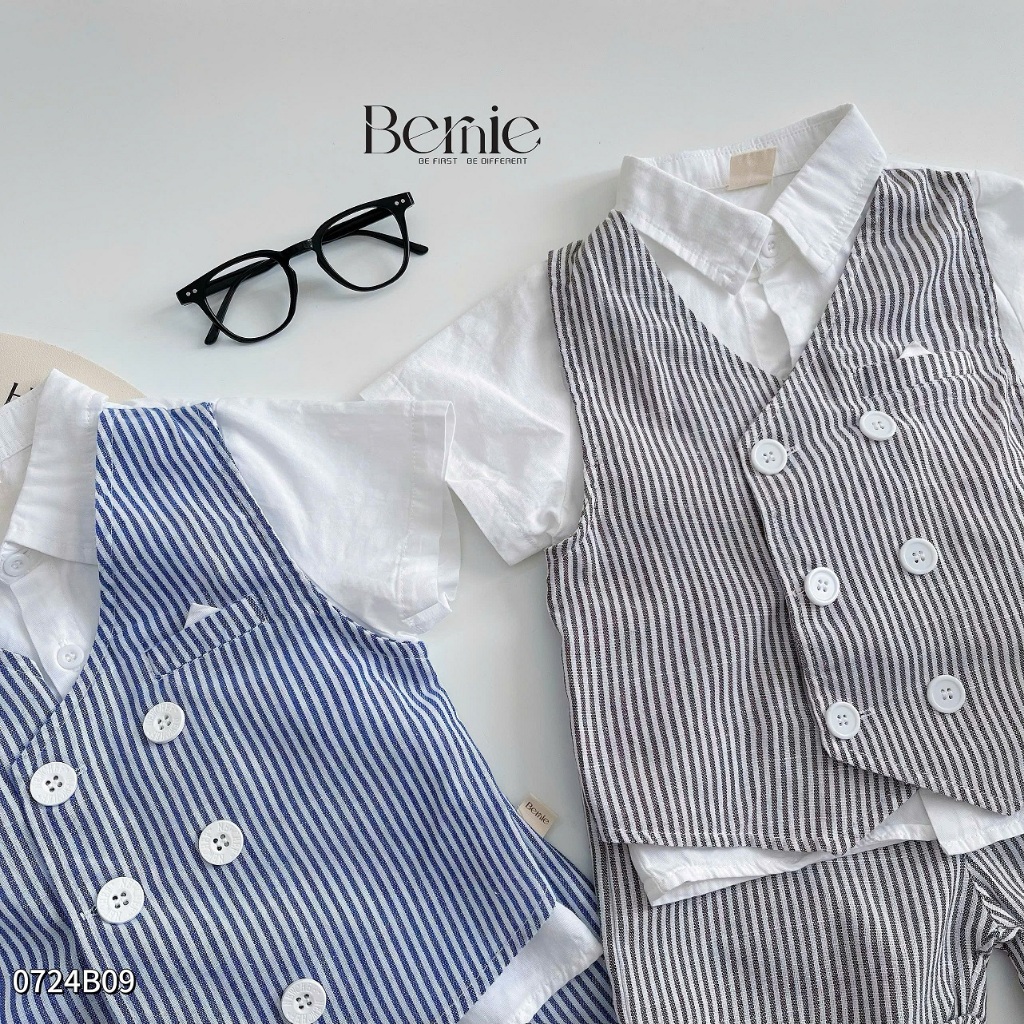 Set sơ mi phối gile kẻ cơi túi công tử, bộ công tủ bé trai phối gile liền sơ mi phong cách Hàn Quốc