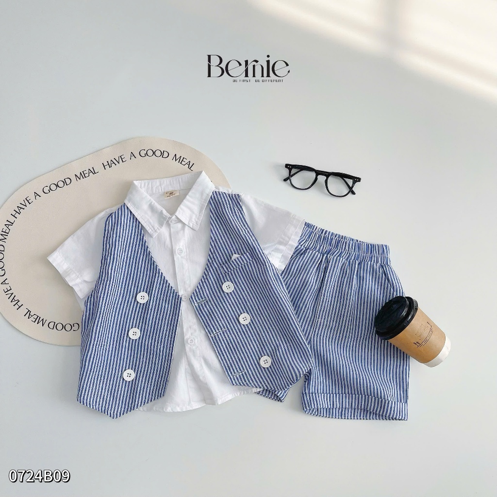 Set sơ mi phối gile kẻ cơi túi công tử, bộ công tủ bé trai phối gile liền sơ mi phong cách Hàn Quốc