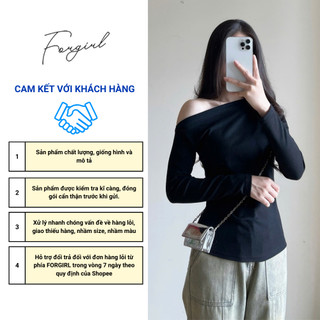 Áo thun lệch vai Forgirl áo thun trễ vai dài tay nhún eo chất tăm dày mịn T076