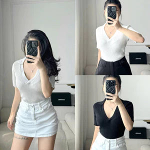 Áo Polo Nữ Cổ V Dáng Basic ZR - Chất Len Tăm Co Giãn, Tôn Dáng Hàng Xuất 2025