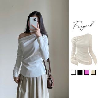 Áo thun lệch vai Forgirl áo thun trễ vai dài tay nhún eo chất tăm dày mịn T076