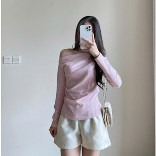 Áo thun lệch vai Forgirl áo thun trễ vai dài tay nhún eo chất tăm dày mịn T076