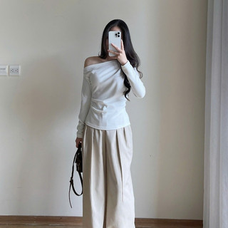 Áo thun lệch vai Forgirl áo thun trễ vai dài tay nhún eo chất tăm dày mịn T076