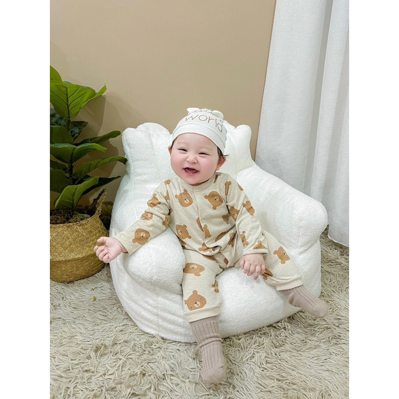 [MD31] Set 2 bodysuit dài tay hoạ tiết gấu xinh kèm 1 mũ cho bé yêu