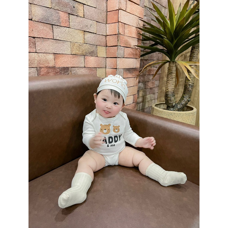 [MD31] Set 2 bodysuit dài tay hoạ tiết gấu xinh kèm 1 mũ cho bé yêu