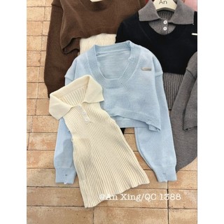 GX1 Set Len Croptop Tay Dài Phối Áo Ống Cổ Polo