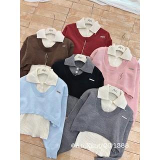 GX1 Set Len Croptop Tay Dài Phối Áo Ống Cổ Polo