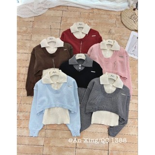 GX1 Set Len Croptop Tay Dài Phối Áo Ống Cổ Polo