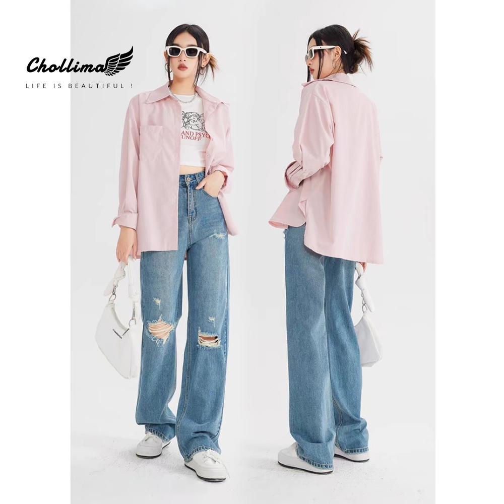 Ảnh Quần jeans nữ Chollima ống rộng SIMPLE JEAN rách cá tính QD260 ulzzang phong cách hàn quốc năng động 2