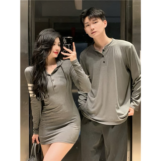 S - 29 ) Set đồ đôi mùa đông nam nữ couple váy body dài tay có mũ sọc ngang + áo thun nam dài tay mùa đông chất dày dặn