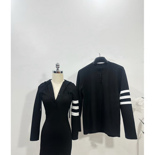 S - 29 ) Set đồ đôi mùa đông nam nữ couple váy body dài tay có mũ sọc ngang + áo thun nam dài tay mùa đông chất dày dặn