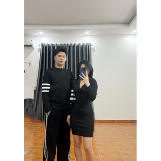 S - 29 ) Set đồ đôi mùa đông nam nữ couple váy body dài tay có mũ sọc ngang + áo thun nam dài tay mùa đông chất dày dặn