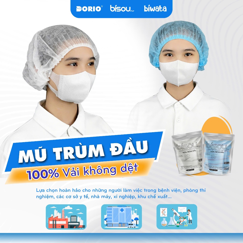 Thùng 20 túi, 1000 cái mũ trùm đầu vải không dệt hiệu BISOU