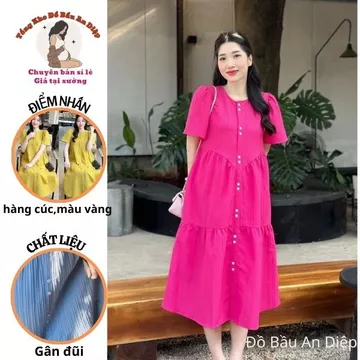 Váy babydoll, Đầm váy bầu Babydoll ba tầng gài cúc from rộng chất Đũi gân
