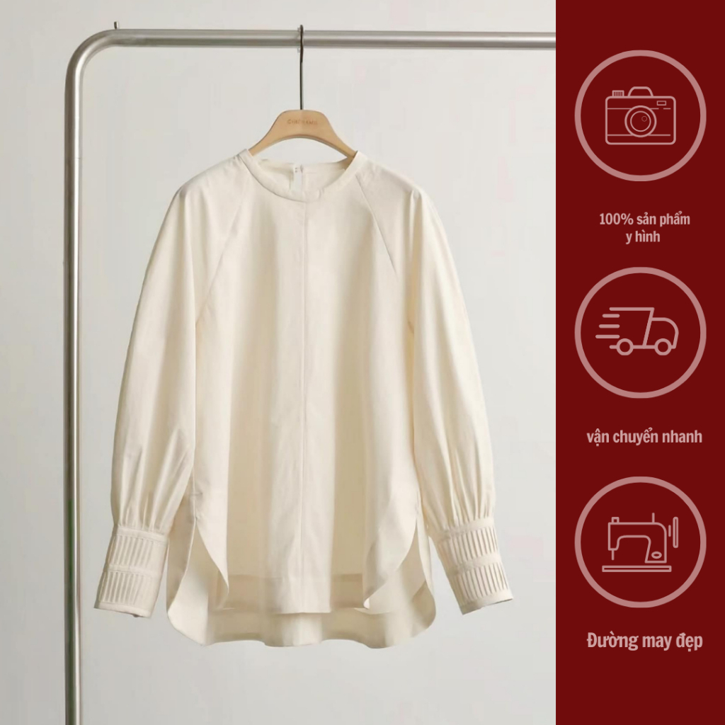 GINKO CLOTHING_Sơ Mi Công Sở Xếp Li Tay Cầu Kì Phối Cúc Bọc May Cổ Tàu Vạt Lệch Cực Xinh_SM2401