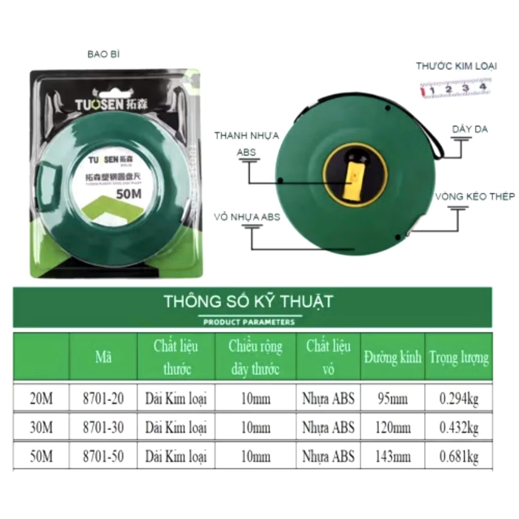 Thước Cuộn Dây Thép Cao Cấp TUOSEN 20M 30M 50M
