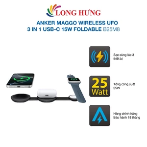 Đế sạc Anker MagGo Wireless UFO 3 in 1 USB-C 15W Foldable B25M8 - Hàng chính hãng