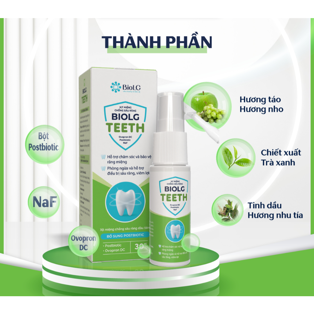 Xịt răng miệng Biolg Teeth Ngăn ngừa mảng bám, sâu răng, Giảm đau răng, Thơm miệng & Phục hồi răng bị viêm, sâu