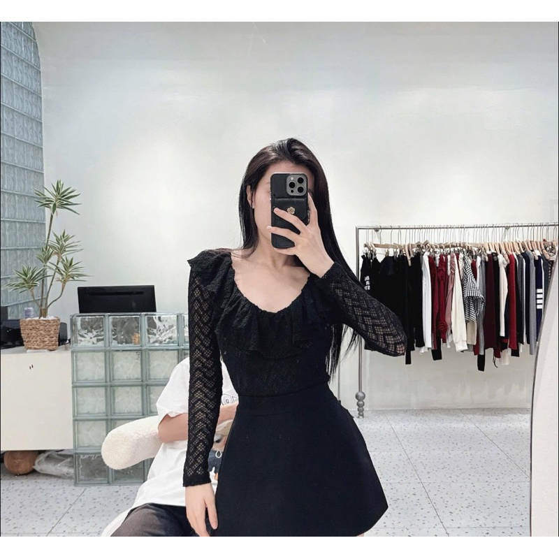 Áo body ren dài tay hàng hai lớp loại 1 phối cổ bèo mix đồ xinh xỉu hàng có sẵn