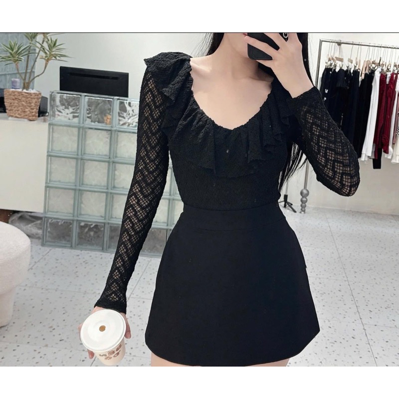 Áo body ren dài tay hàng hai lớp loại 1 phối cổ bèo mix đồ xinh xỉu hàng có sẵn